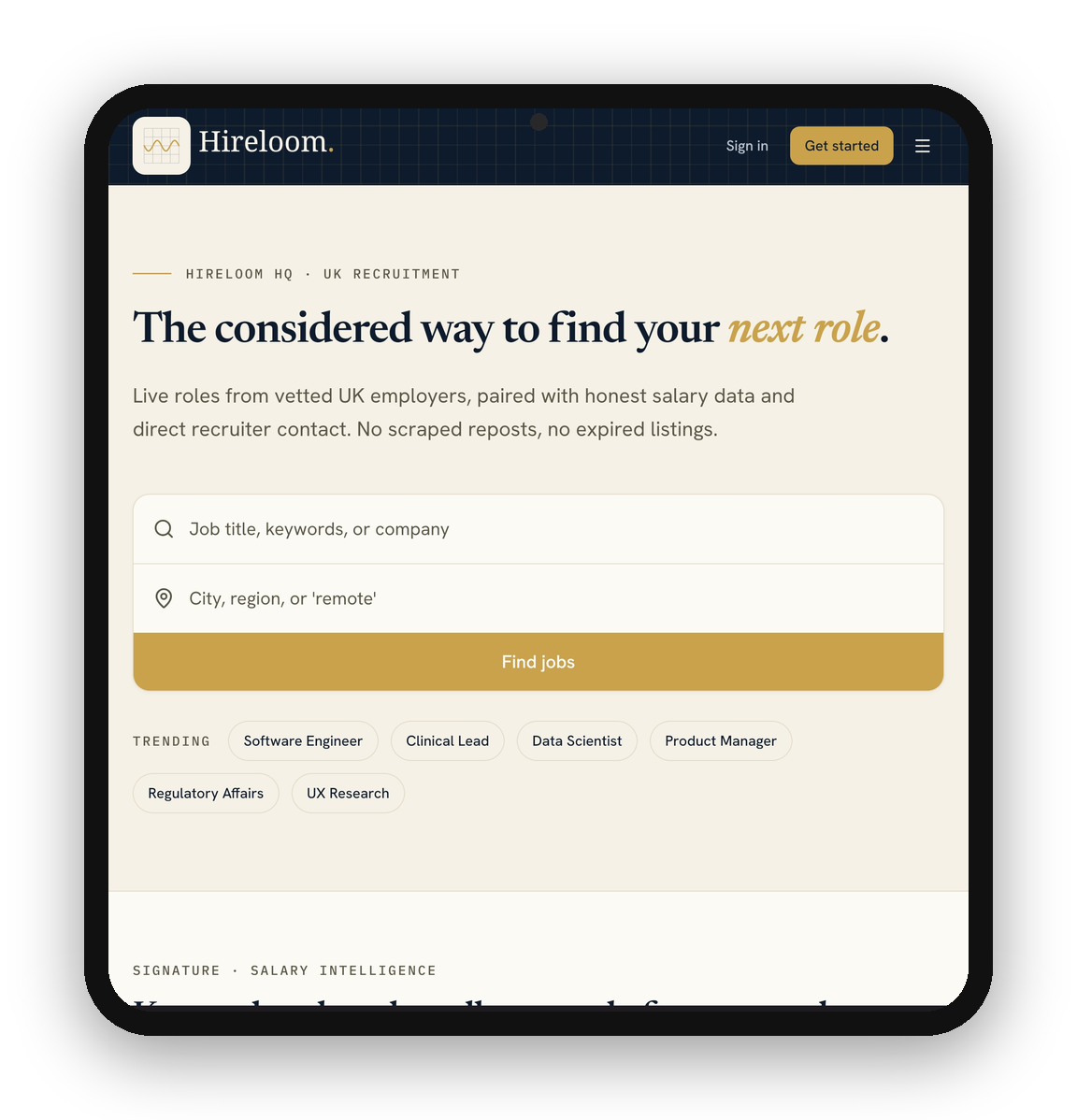 HireloomHQ job board homepage on a mobile device